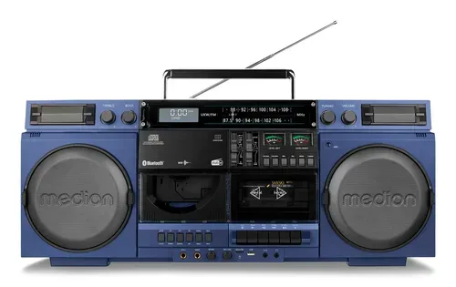 MEDION LIFE P66538 Retro-Boombox blau, DAB+/PLL-UKW Radio, Bluetooth® 5.3 für das Abspielen von Smartphone & Co, CD-Player, Kassettendeck, X-Bass Funktion, 2 x 10 W RMS