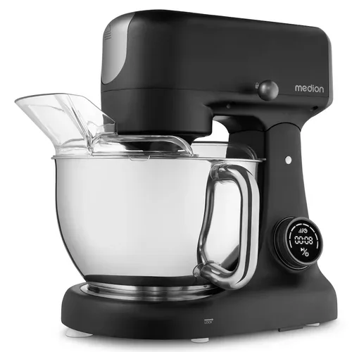 MEDION LIFE Digitale Küchenmaschine MD12600 schwarz, 800 W Gleichstrommotor, Energiesparend, Ultraleise, Digitales Sensor-Touch-Display, 4,6 L Edelstahlschüssel, Inkl. Fleischwolf