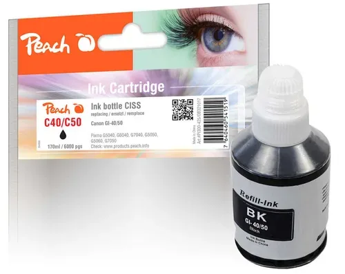 Peach C40 PGBK Tintenbehälter pigm. bk ersetzt Canon GI-40PGBK, GI-50PGBK, 3385C001, 3386C001 für z.B. Canon Pixma GM 2050, Canon Pixma GM 4040