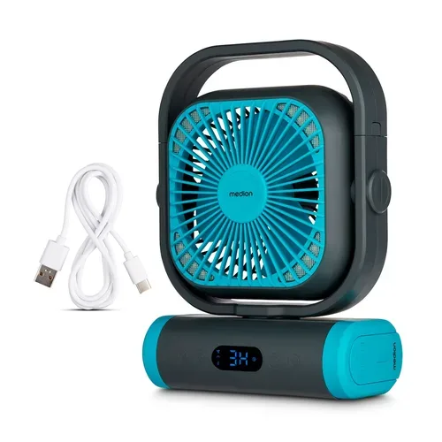 MEDION LIFE Camping Ventilator E10 TF blau, 20 W Leistung, 5 Geschwindigkeitsstufen, 110° Oszillation, 10.000 mAh Akku, als Powerbank nutzbar, LED