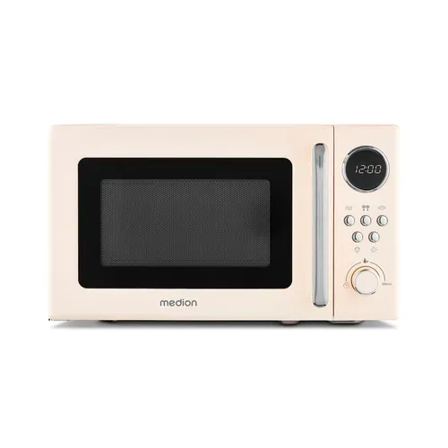 MEDION LIFE® Retro-Mikrowelle MD 15000, 800 W Leistung, 20 L kompakt, 5 Mikrowellenstufen, Auftaufunktion, Timerfunktion, stilvolles Retro-Design