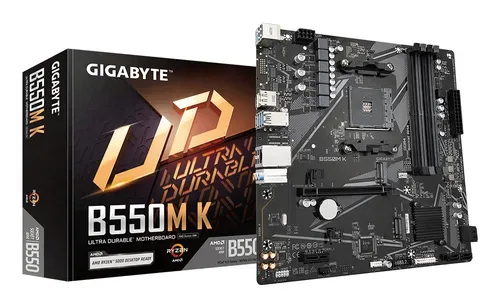 Gigabyte - B550M K Mainboard – AMD Ryzen 5000 CPUs, bis zu 4733 MHz DDR4, 1xPCIe 4.0 + 1xPCIe 3.0 M.2, 1GbE LAN, USB 3.2 Gen 1, Braun