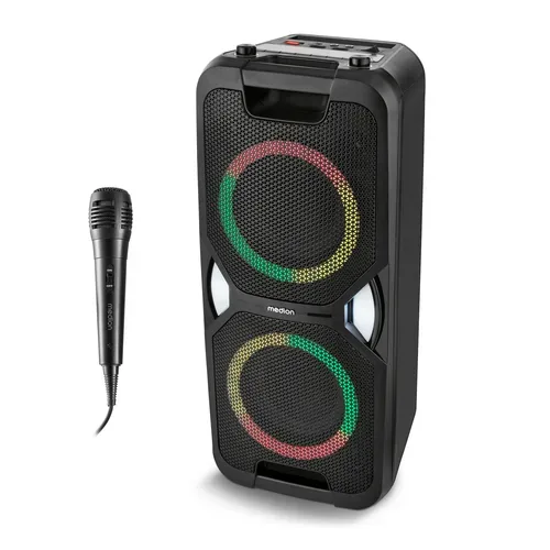 MEDION LIFE PE-1 Pure Partylautsprecher, PLL-UKW Radio, Bluetooth® 5.4, satter Sound, verschiedene Lichteffekte, X-Bass Bassanhebung, inkl. Mikrofon, 2 x 25 W RMS Ausgangsleistung