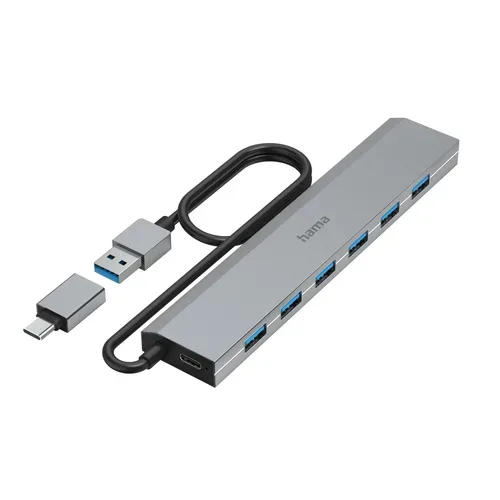 Hama - USB-Hub, 7 Ports, USB 3.2 Gen1, 5 Gbit s, inkl. USB-C-Adapter und Netzteil, Taubengrau, 360X260X20MM