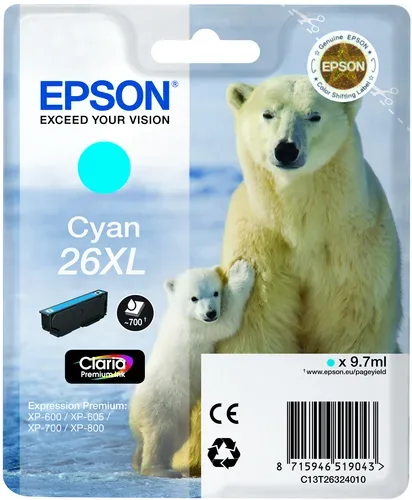 Epson E26XLc Druckerpatronen XL cy - Epson No. 26XL c, C13T26324010 für z.B. Epson Expression Premium XP -510, Epson Expression Premium XP -520