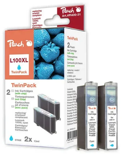 Peach L100 XLC Doppelpack 2 Druckerpatronen XL 2*cy ersetzt Lexmark No. 100XLC*2, 14N1069E, 14N1093 für z.B. Lexmark Genesis S 810, Lexmark Pro 200
