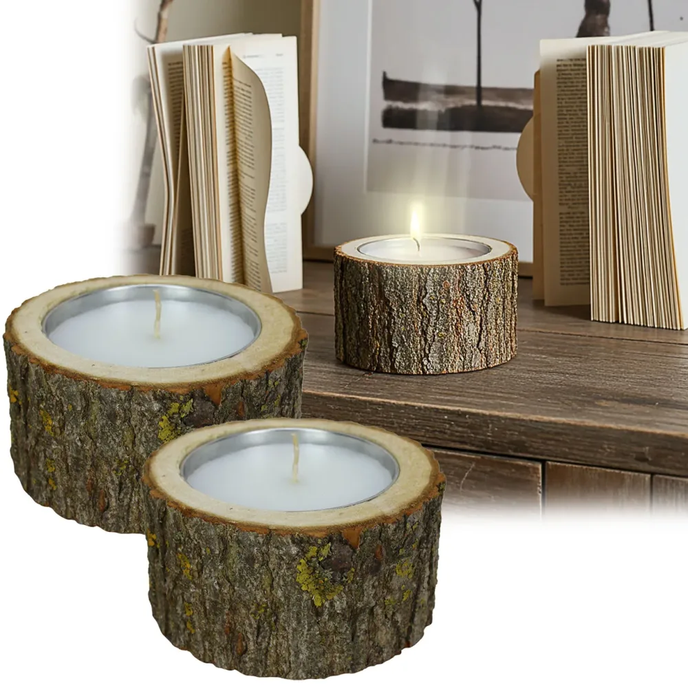 2er-Set Windlicht Natur, aus einem Stück Holz gefertigt