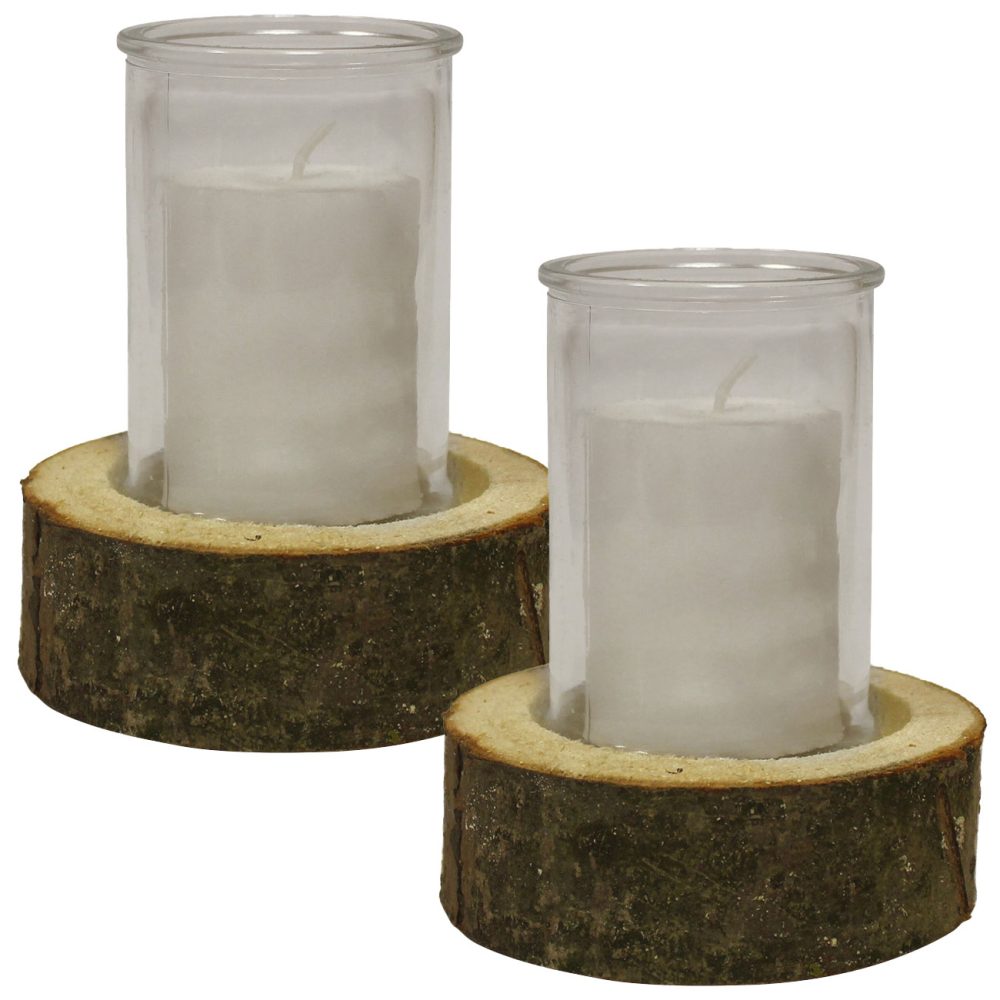 2er-Set Dekoratives Windlicht auf Echtholzsockel mit Kerze, Ø 10 x 13,5 cm, Ø 15 x 4 cm