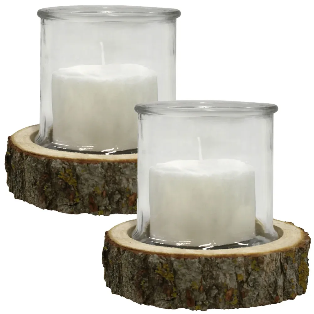 2er-Set Kerzenglas auf Holzsockel, Windlicht Natur, weiss, Ø 13 x 13 cm, Ø 18 x 4 cm