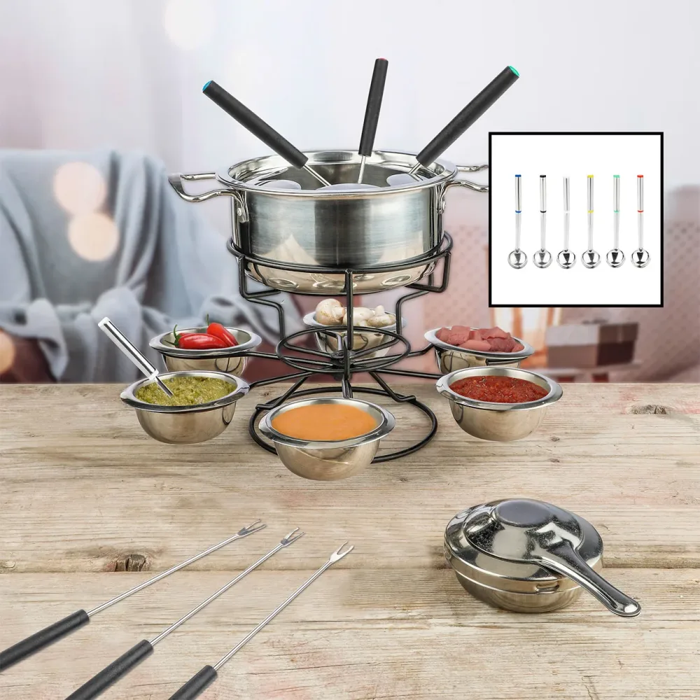 Fondue-Set mit Drehgestell für 6 Personen, inkl. Gabeln, Schüsseln und Löffel