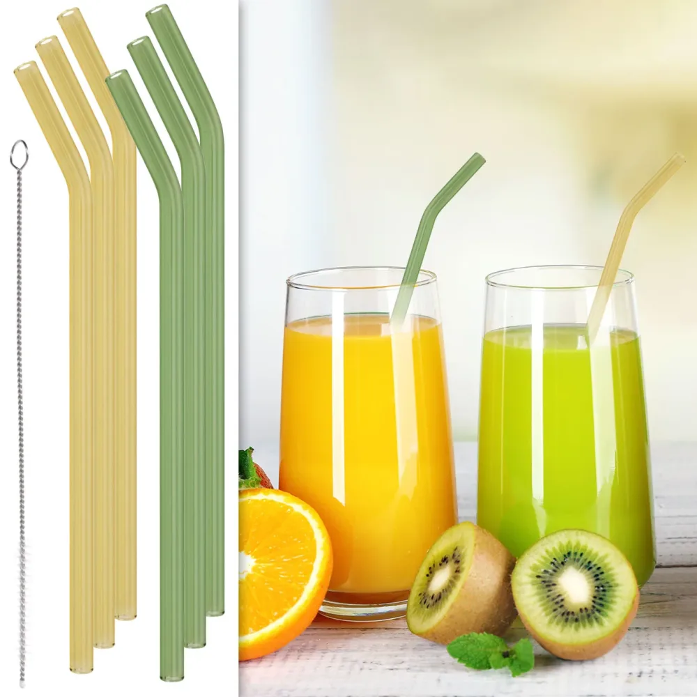 Glas-Trinkhalme mit Reinigungsbürste, 6er Set, mehrfarbig