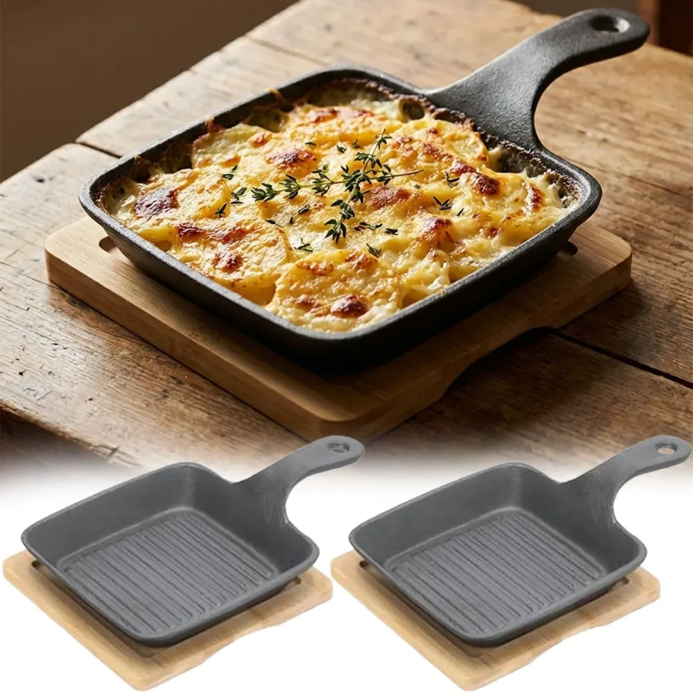 2er-Set Quadratische Servierpfanne aus Gusseisen mit Bambusbrett, Ø 15cm
