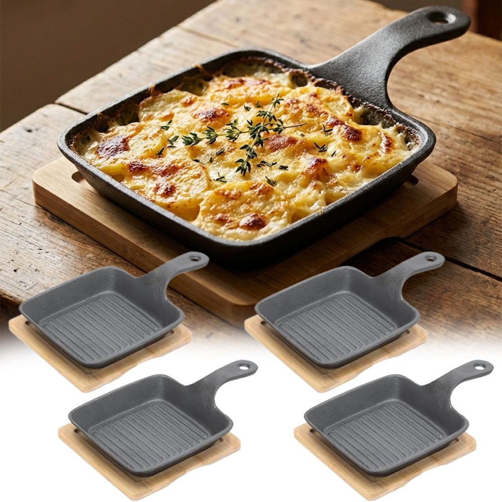 4er-Set Quadratische Servierpfanne aus Gusseisen mit Bambusbrett, Ø 15 cm