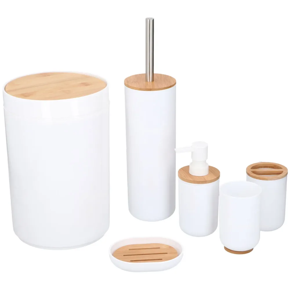 Badezimmer-Set, 6-teilig, weiss mit Bambusholz
