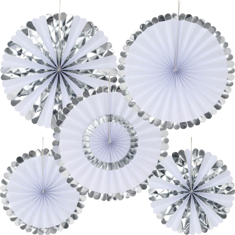 Deko-Fächer aus Papier, 5 Stück, silber und weiss
