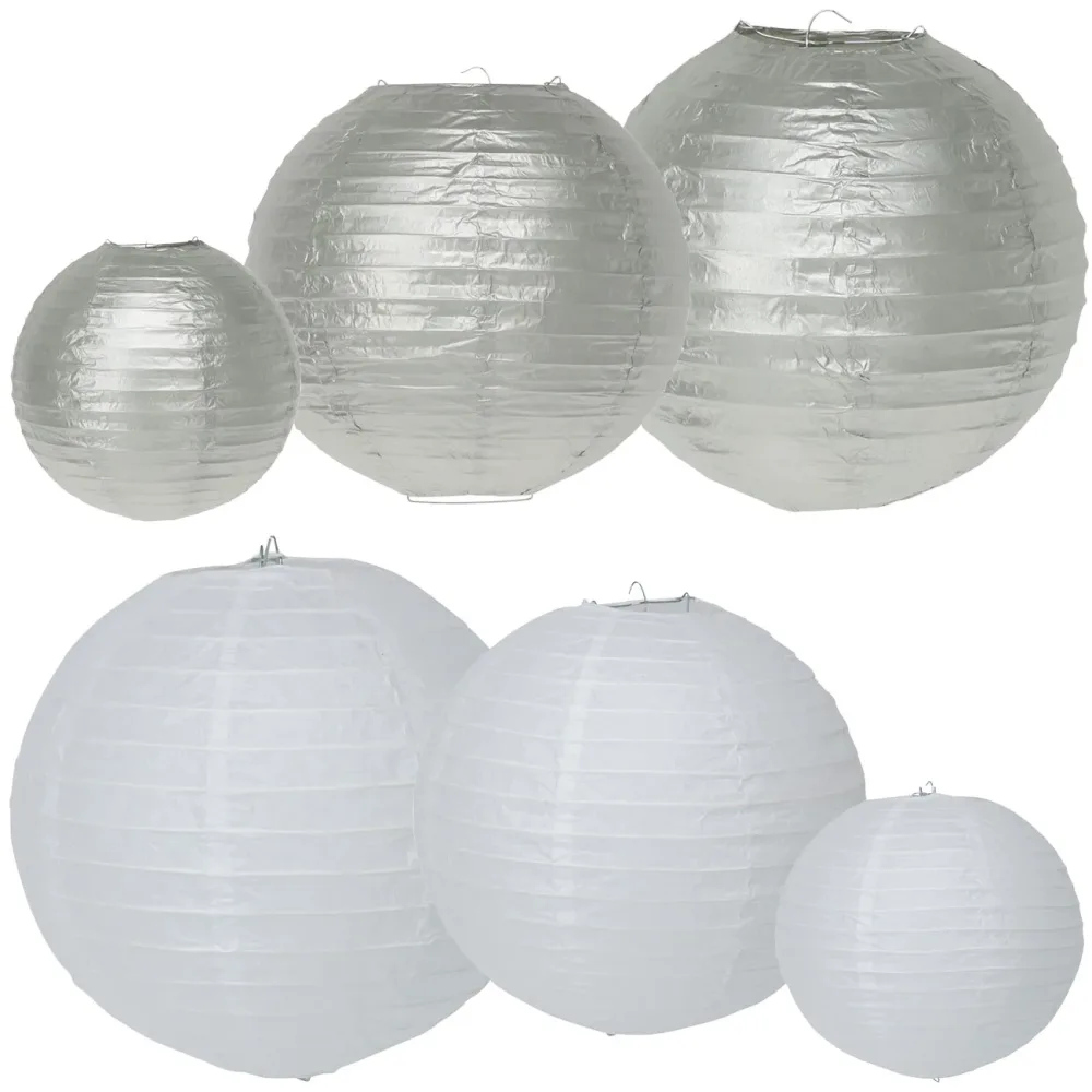 Papier-Lampions, 6 Stück in 3 Grössen, weiss & silber