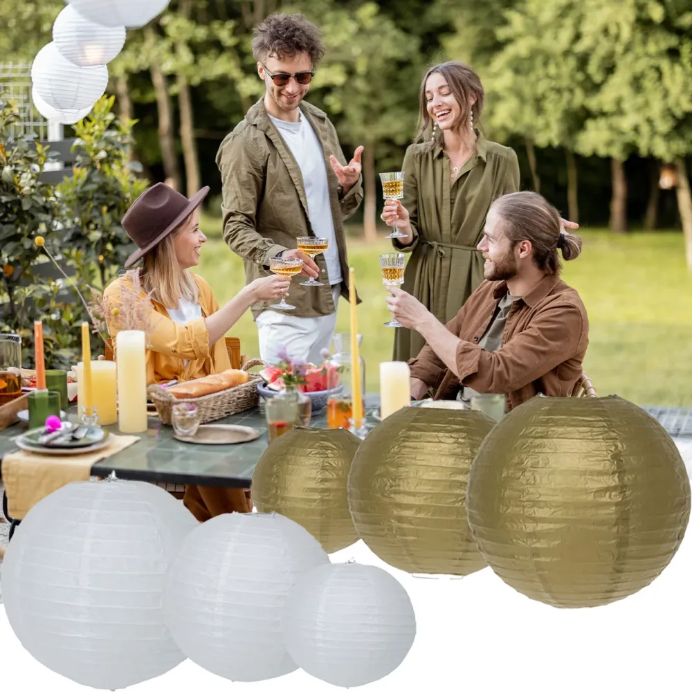 Papier-Lampions, 6 Stück in 3 Grössen, weiss & gold