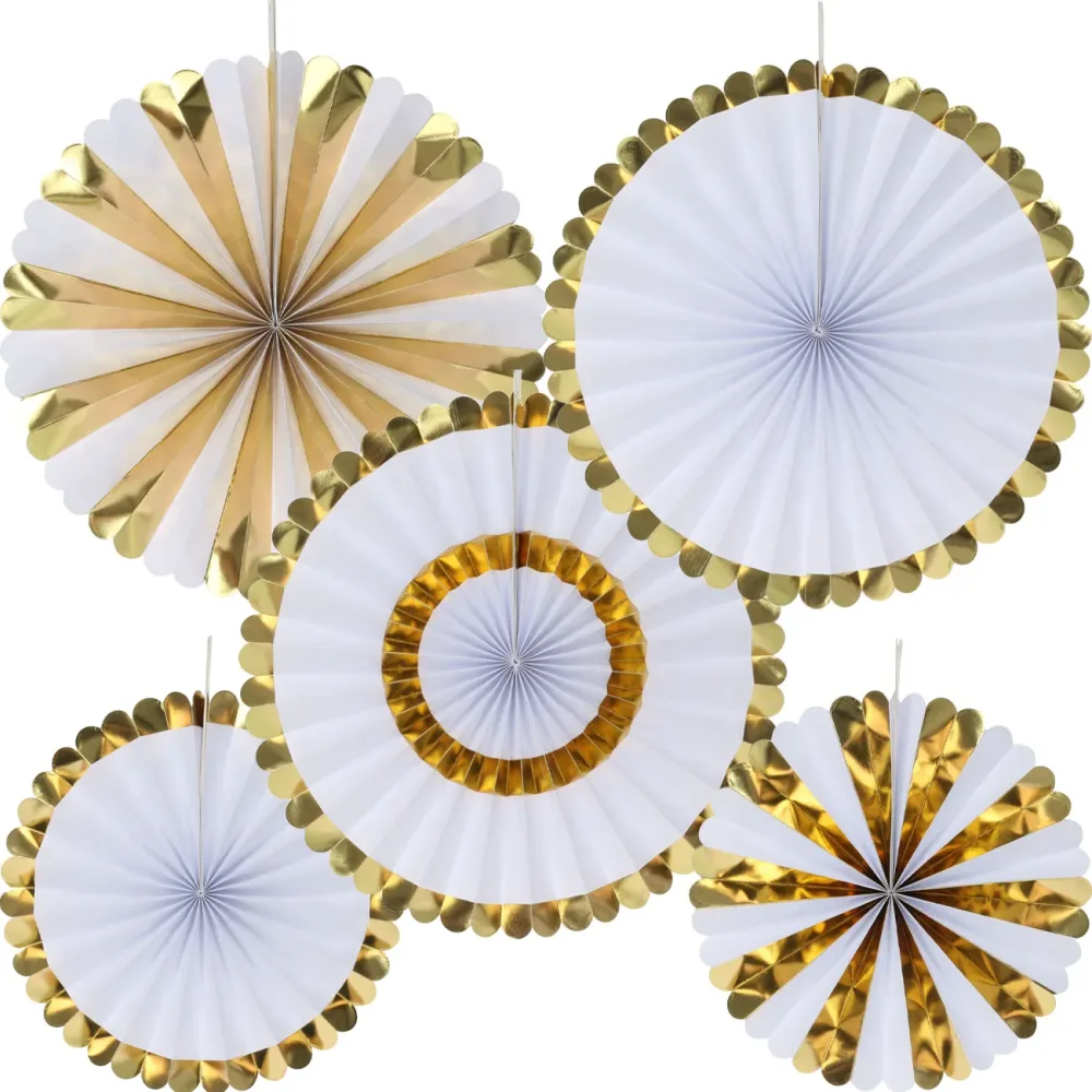 Deko-Fächer aus Papier, 5 Stück, gold und weiss