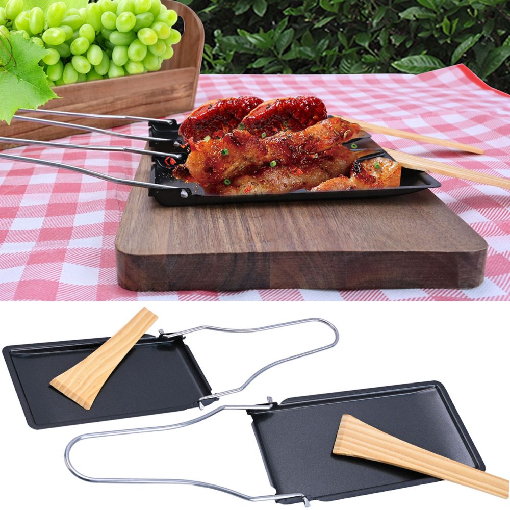 2er-Set Grillpfännchen mit klappbarem Griff und Holzspatel, Raclette