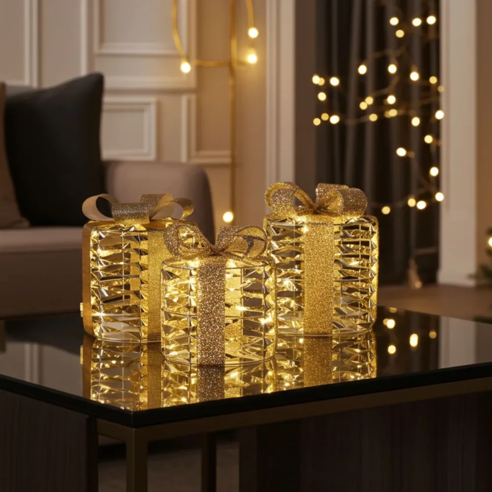 LED-Geschenke, 3 Stück, Goldfarben, warmweiss, 15/20/25 cm, mit Timer