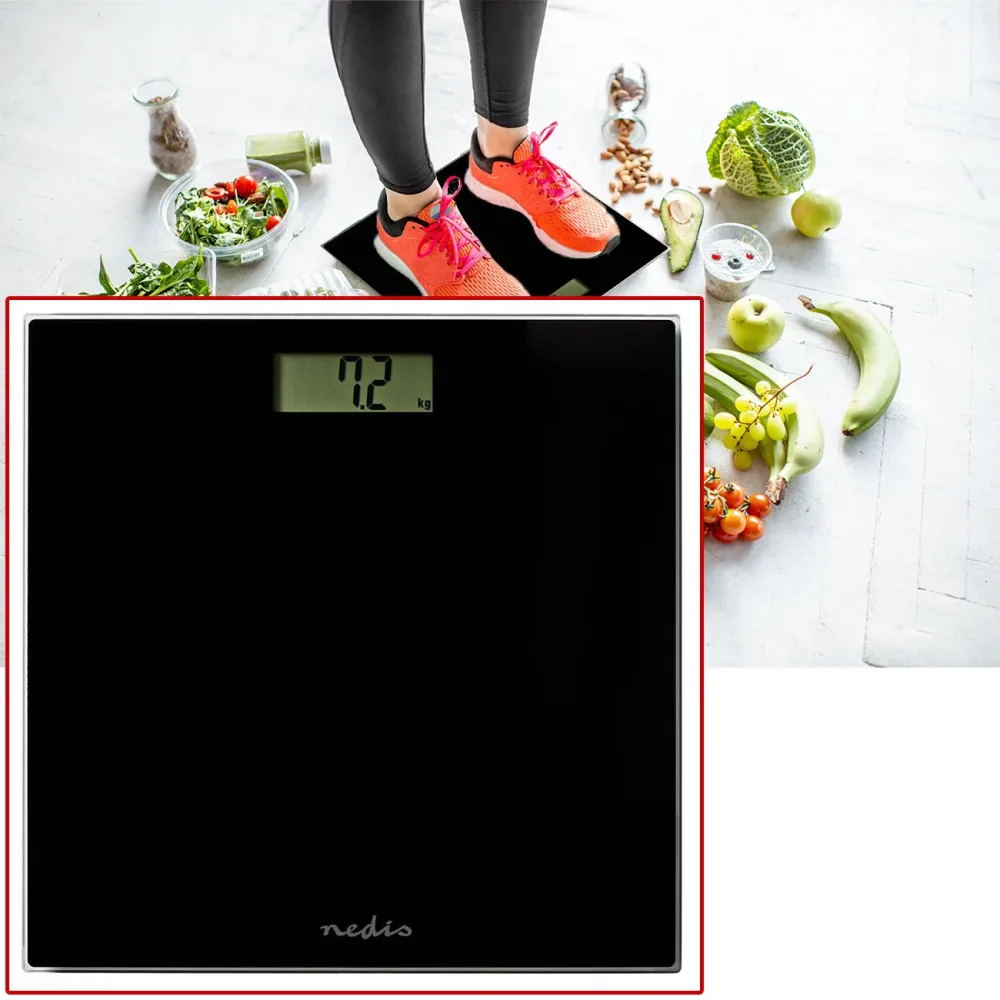 Digitale Personenwaage mit grossem LCD-Display, Hartglas, bis 150 kg, schwarz