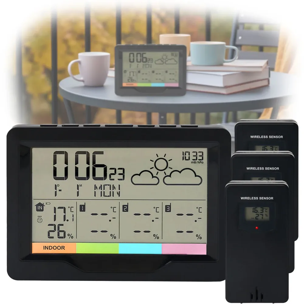 Professionelle Funk-Wetterstation mit XL-Display und 3 Funksensoren, Funkwecker