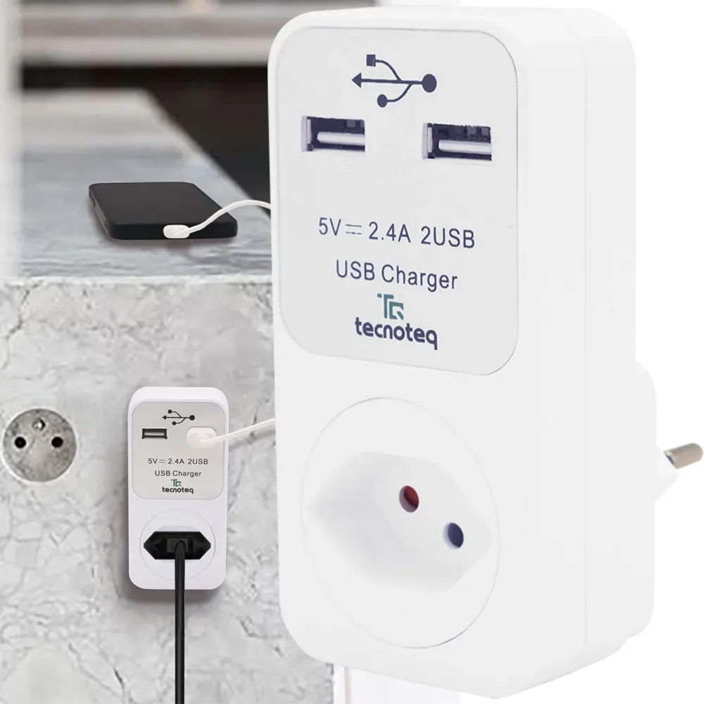 Steckdose mit 2x USB-Ladeport 2.4A Überspannungsschutz, Swiss-Edition