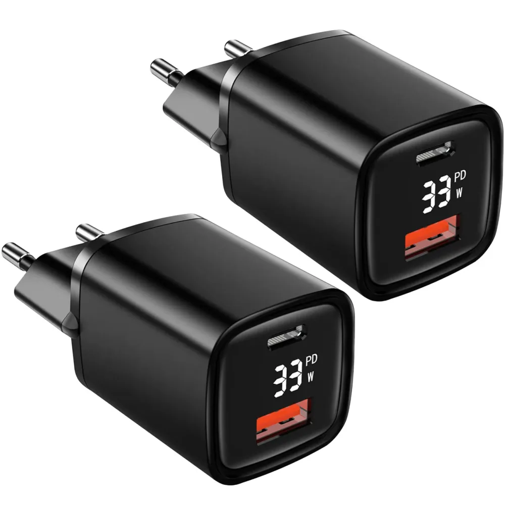 2er-Set Ladegerät, Lade Adapter, Dual Port, USB-C und USB-A, Schnellladegerät, schwarz