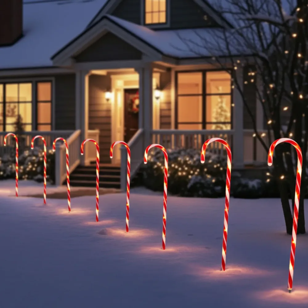 LED-Gartenstecker Zuckerstange, 8 Stück, rot-weiss, je H 74 cm