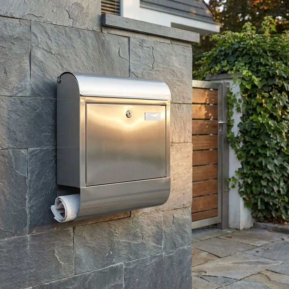Briefkasten aus Edelstahl mit Zeitungsrolle, 38 x 12 x 425 cm