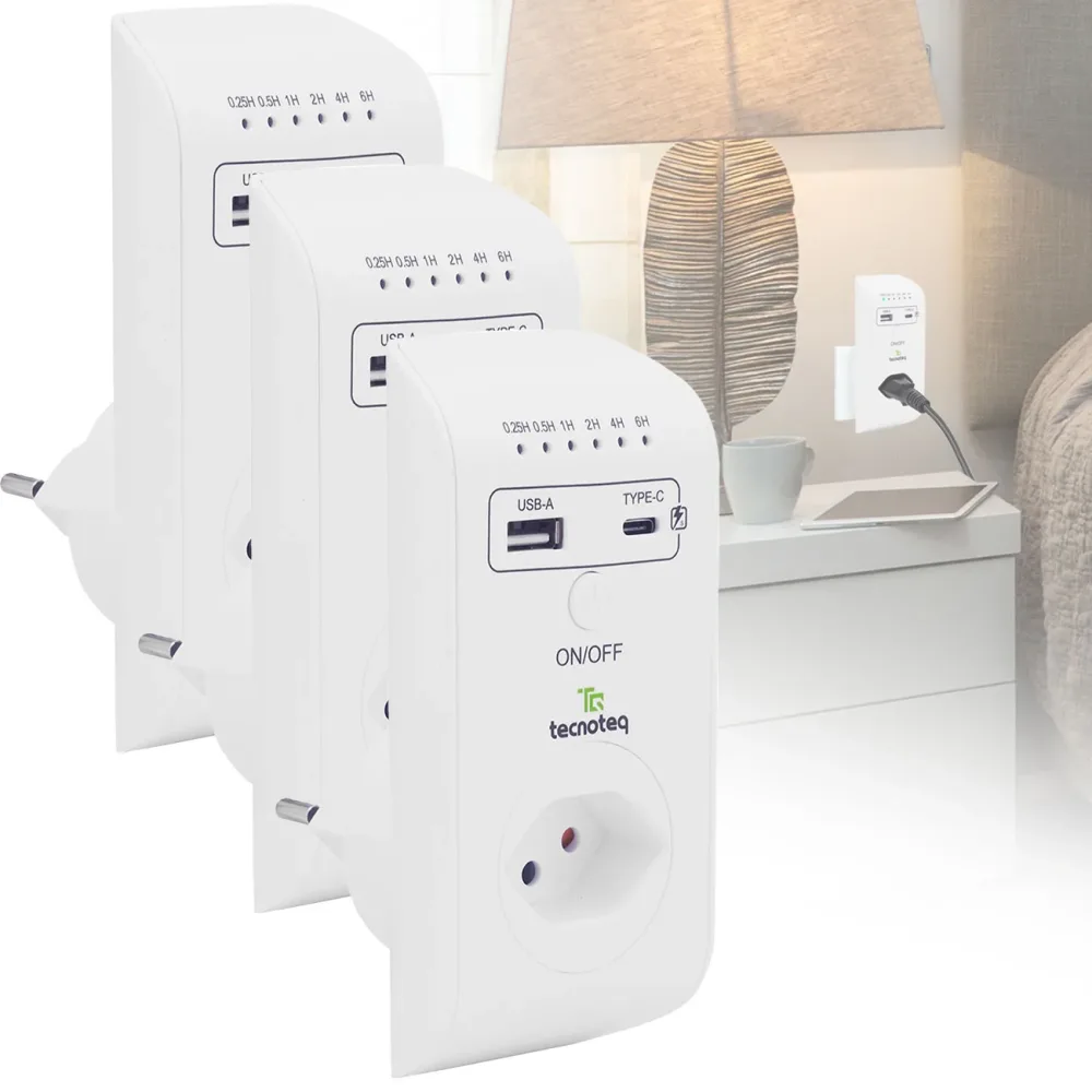3er-Set Steckdose mit 2x USB-Ladeport, 3.1 A, Timer, Überspannungsschutz, Swiss-Edition
