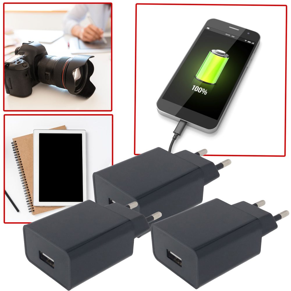 3er-Set USB-A-Ladegerät, 10 W, schwarz