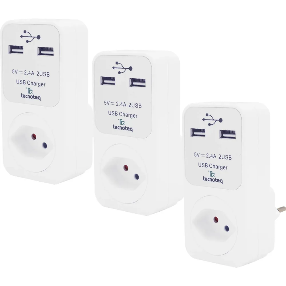 3er-Set Steckdose mit 2x USB-Ladeport 2.4A Überspannungsschutz, Swiss-Edition