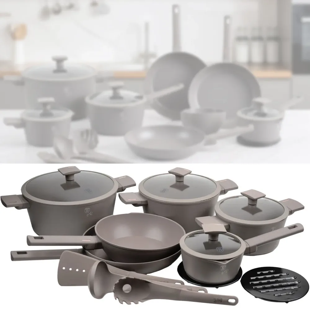 Design Kochset inkl. Kochbesteck & Untersetzer, 15-teilig, taupe