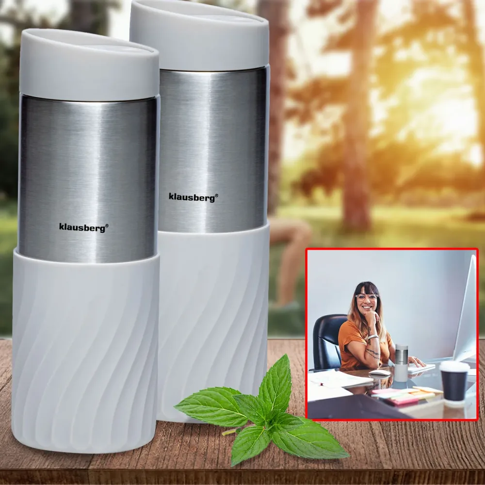 2er-Set Doppelwandiger Thermobecher, 420ml, hellgrau