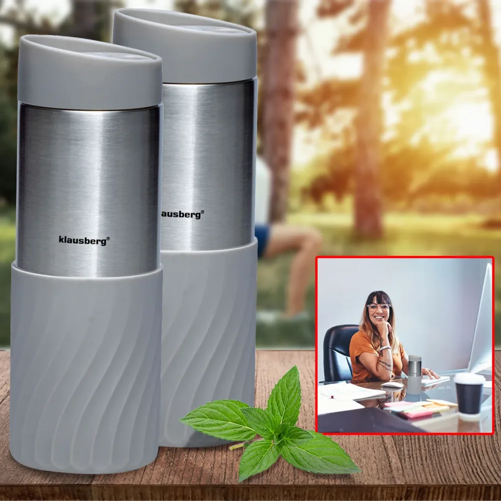 2er-Set Doppelwandiger Thermobecher, 420ml, grau