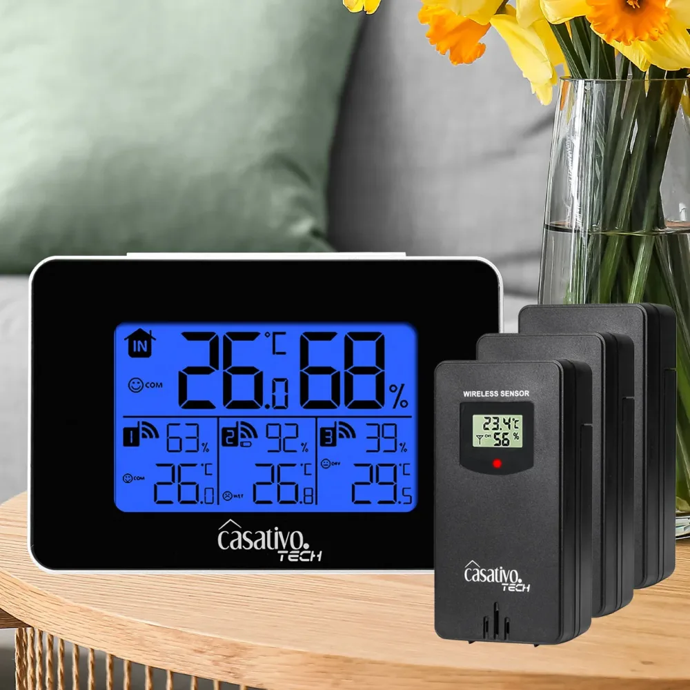Funk-Wetterstation mit 3 Funksensoren, Hygrometer, LCD-Display