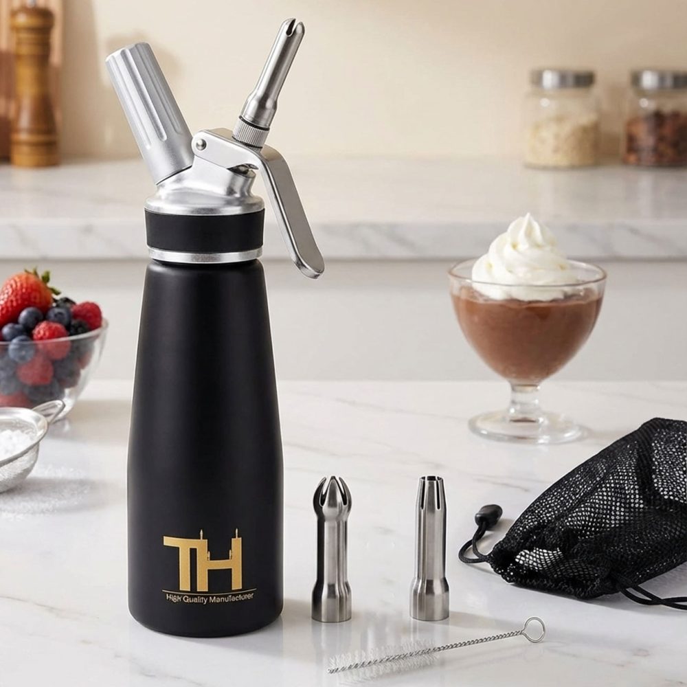 Sahnespender inkl. 3 Aufsätze und Reinigungsbürste, 500ml, schwarz