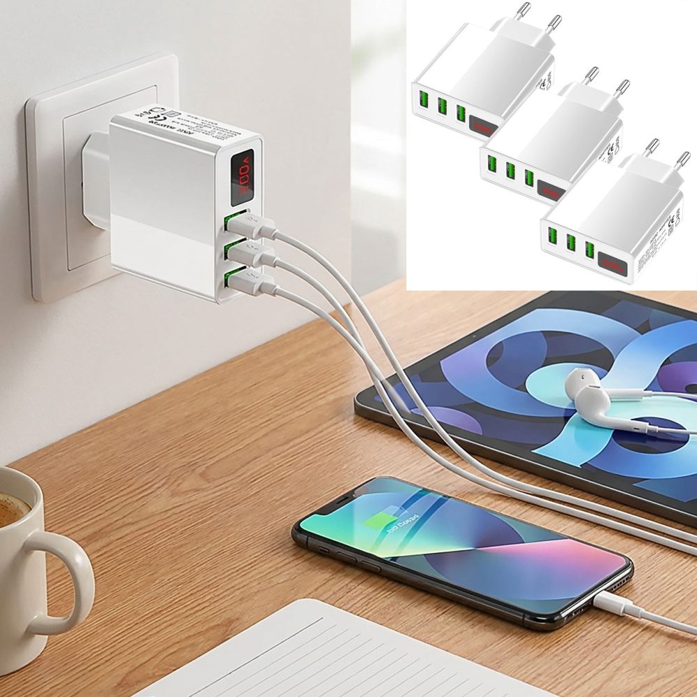 3er-Set Intelligentes 3-Port USB-Netzteil mit LED-Anzeige, weiss