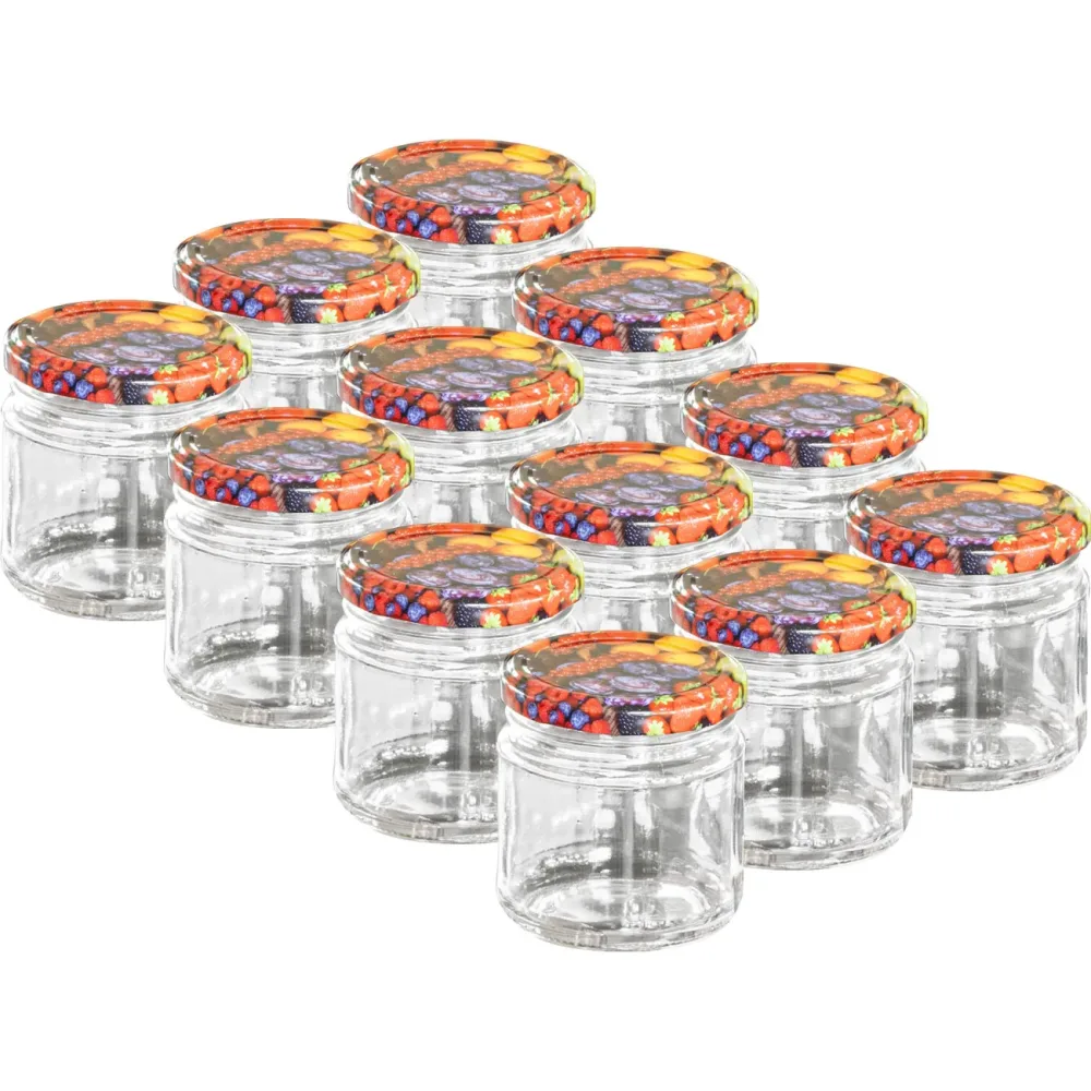 12 Einmachgläser mit Schraubdeckel, Sturzgläser mit Früchte-Muster, je 210 ml