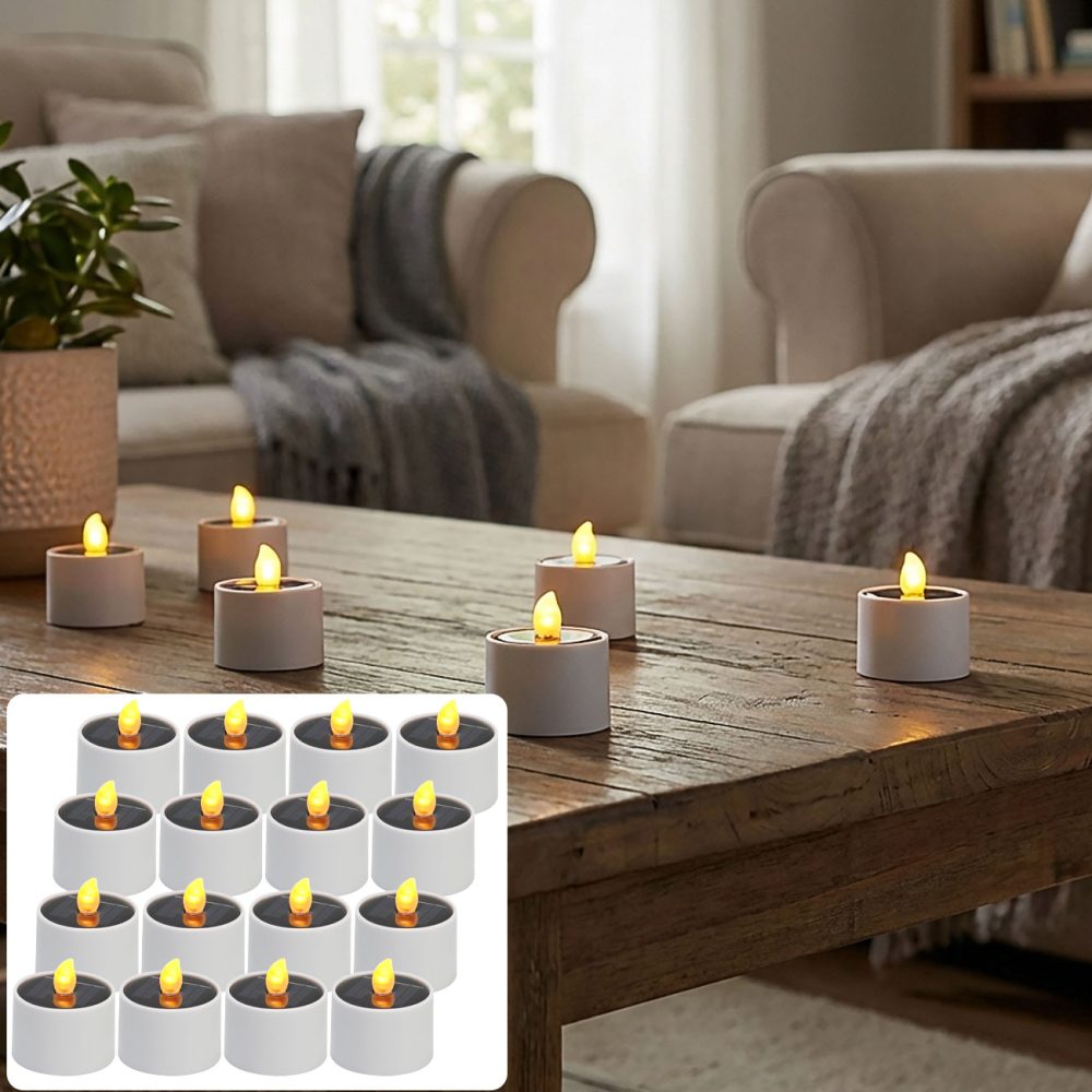 16er-Set LED-Teelichter, solarbetrieben, inkl. Dämmerungs-Sensor, IP44, weiss