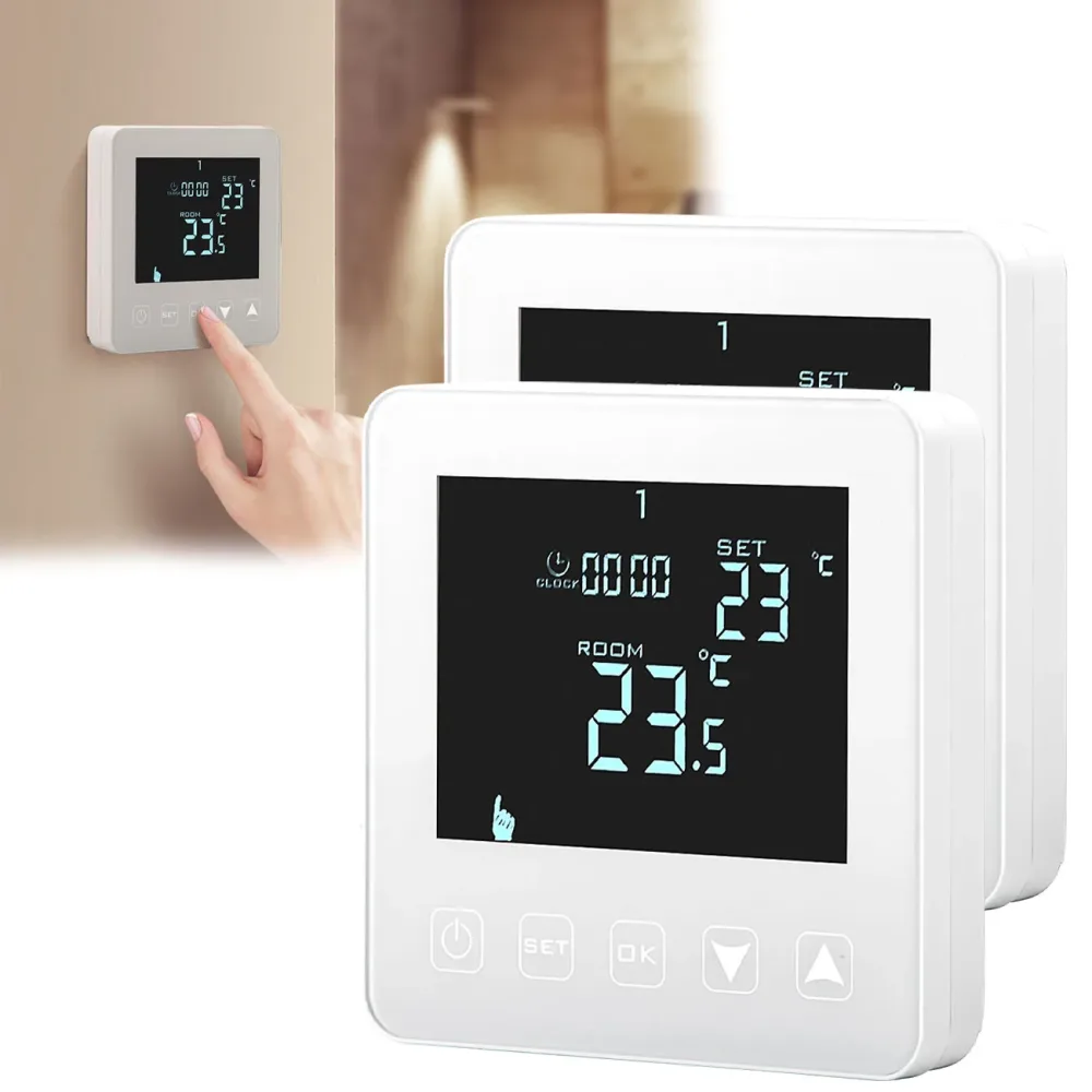 2er-Set Wand Thermostat für Fussbodenheizung, Touch-Tasten, LCD-Display, programmierbar