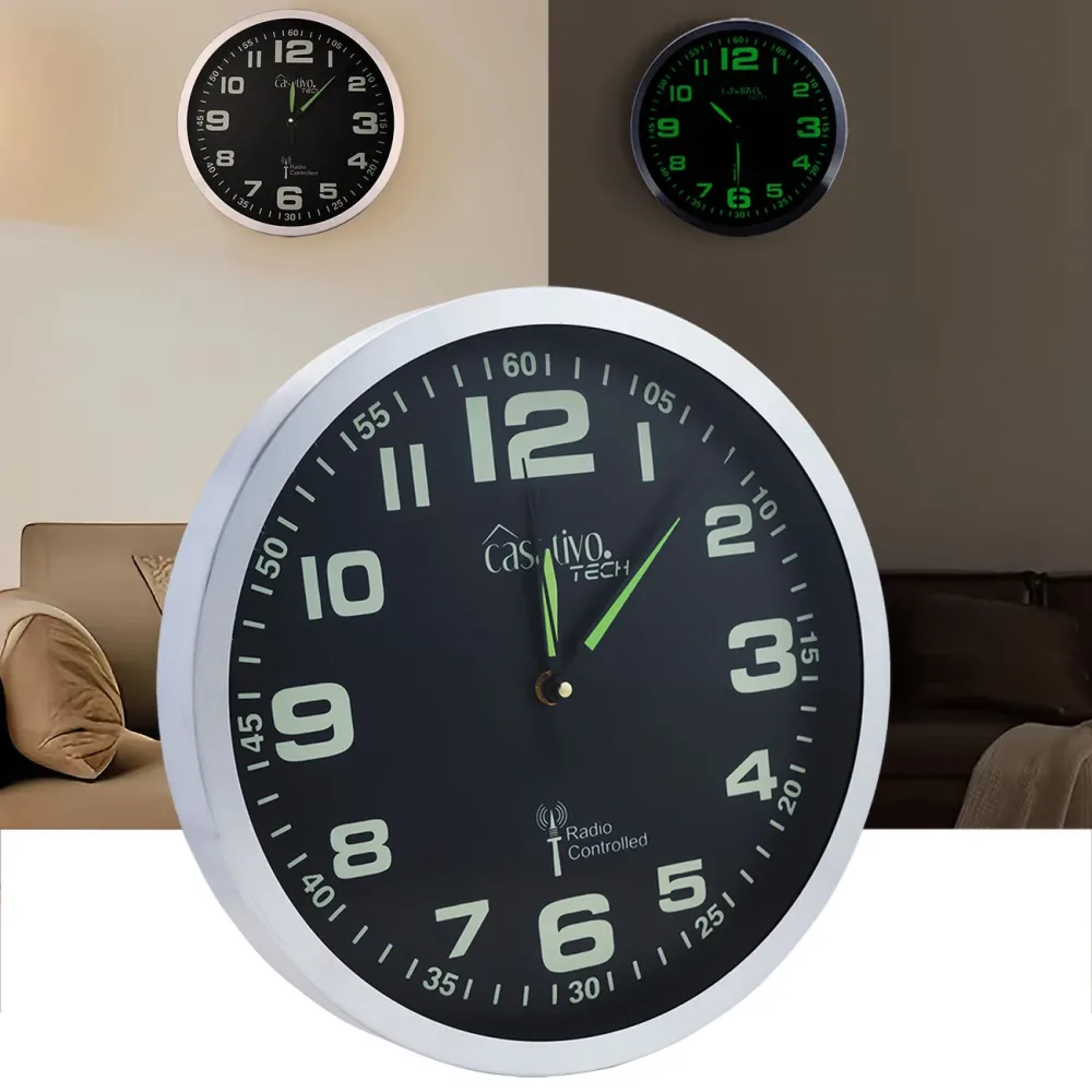 Funk-Wanduhr mit laufruhigem Quarz-Uhrwerk, Ziffern & Zeiger nachleuchtend, Ø 30 cm