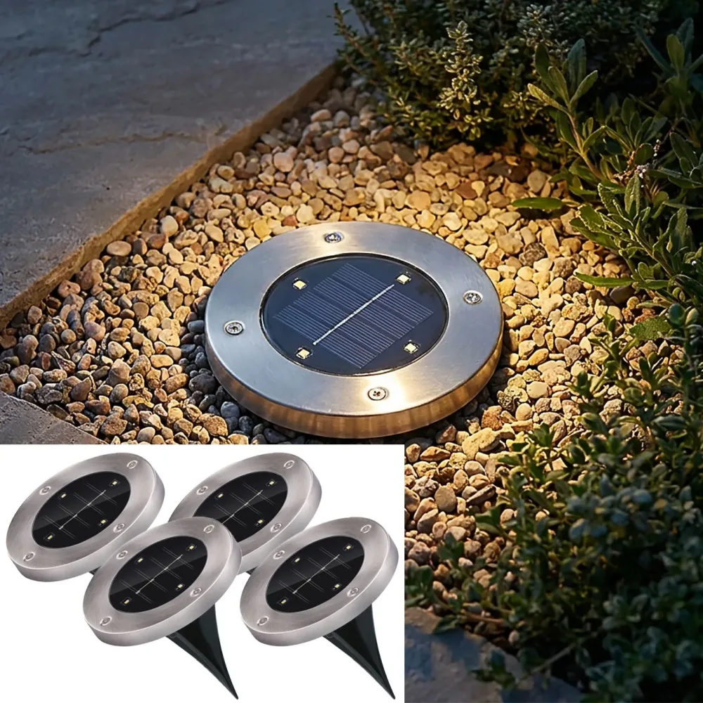 4er-Set Solar Bodenleuchte aus Edelstahl, mit Erdspiess, Ø 12 x 13 cm