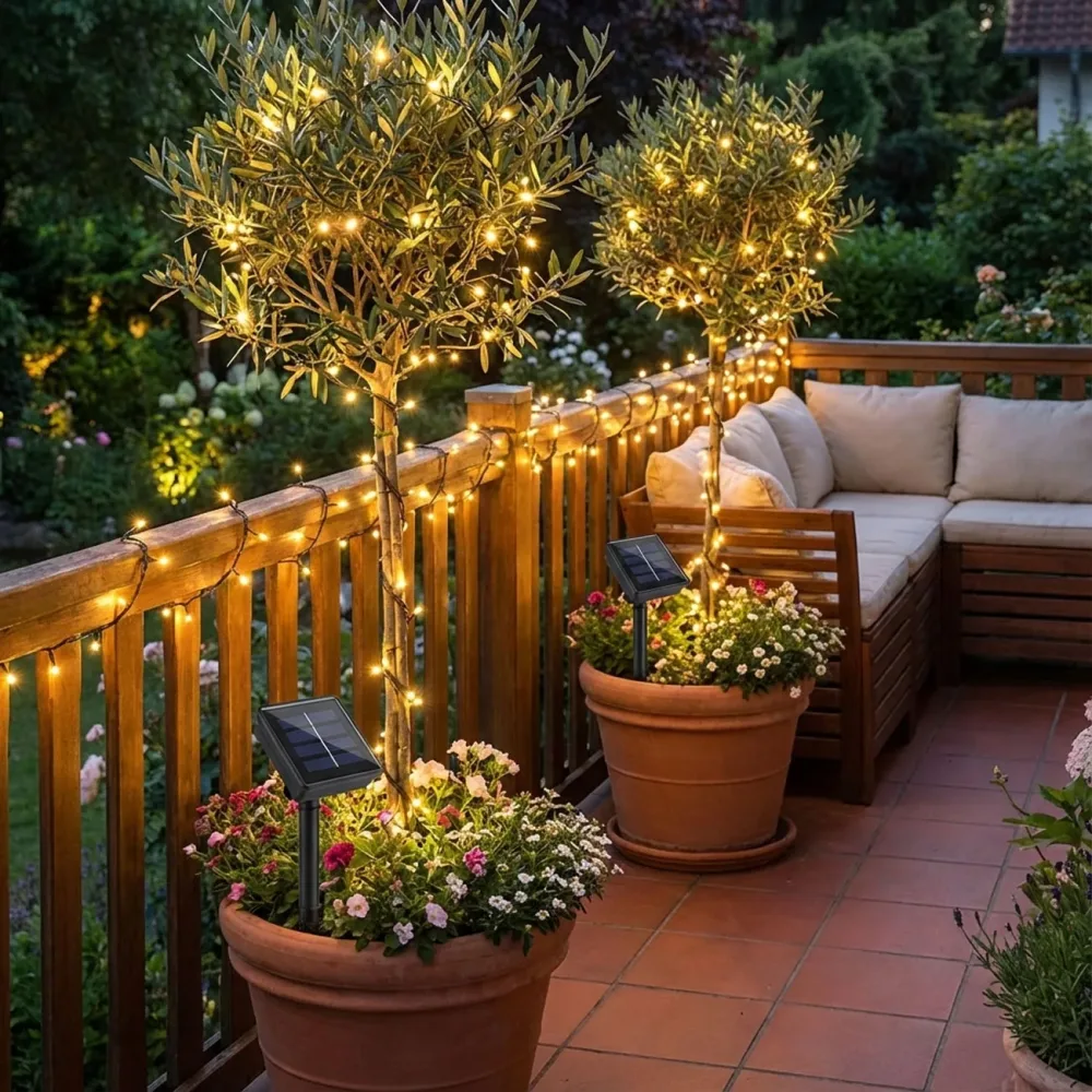 2er-Set Solar Lichterkette mit 8 Lichtmodi und Dämmerungsseensor, 12 m, 100 LEDs, IP44
