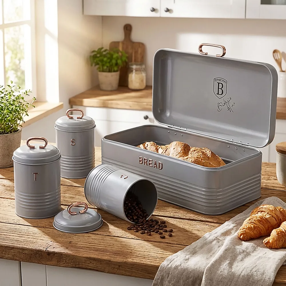 Brotkasten und Küchendosen-Set, grau-roségold