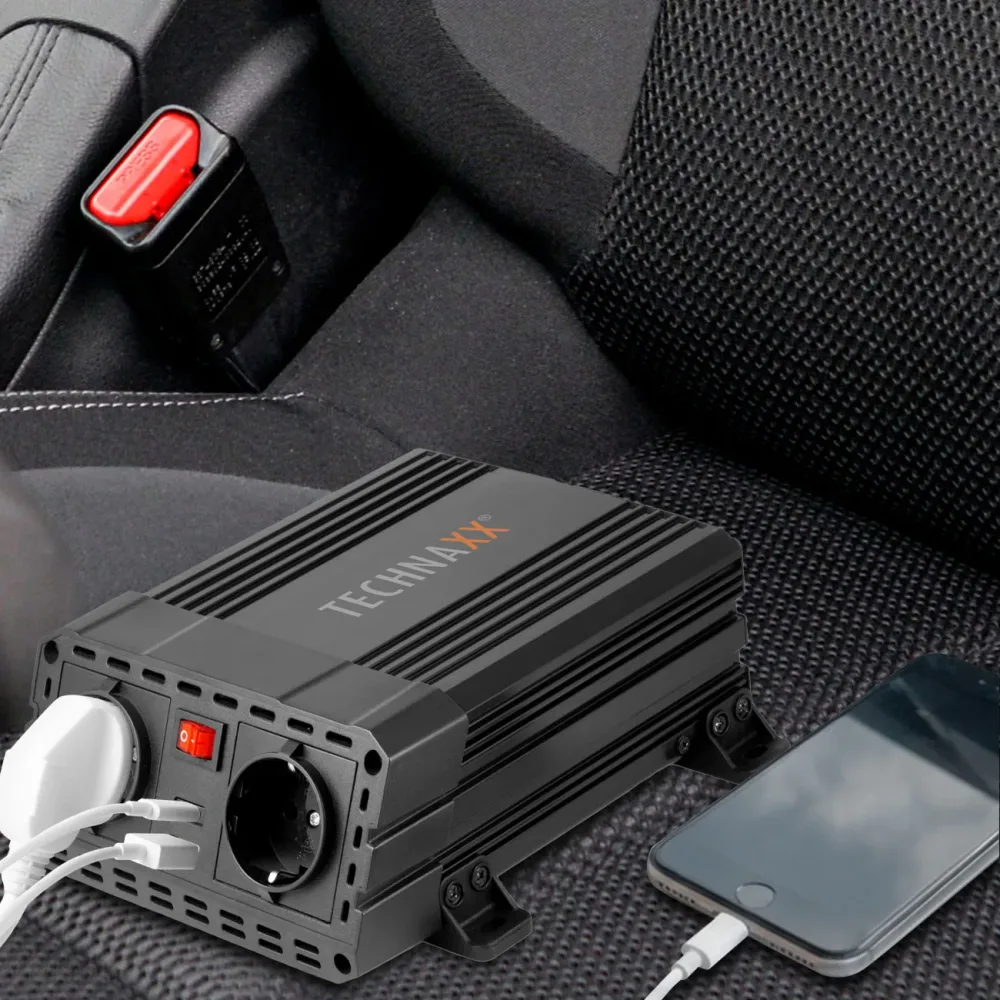 Kfz-Wechselrichter 12 auf 230V mit 2 Steckdosen & 2 USB Ladports, 600/1200 Watt