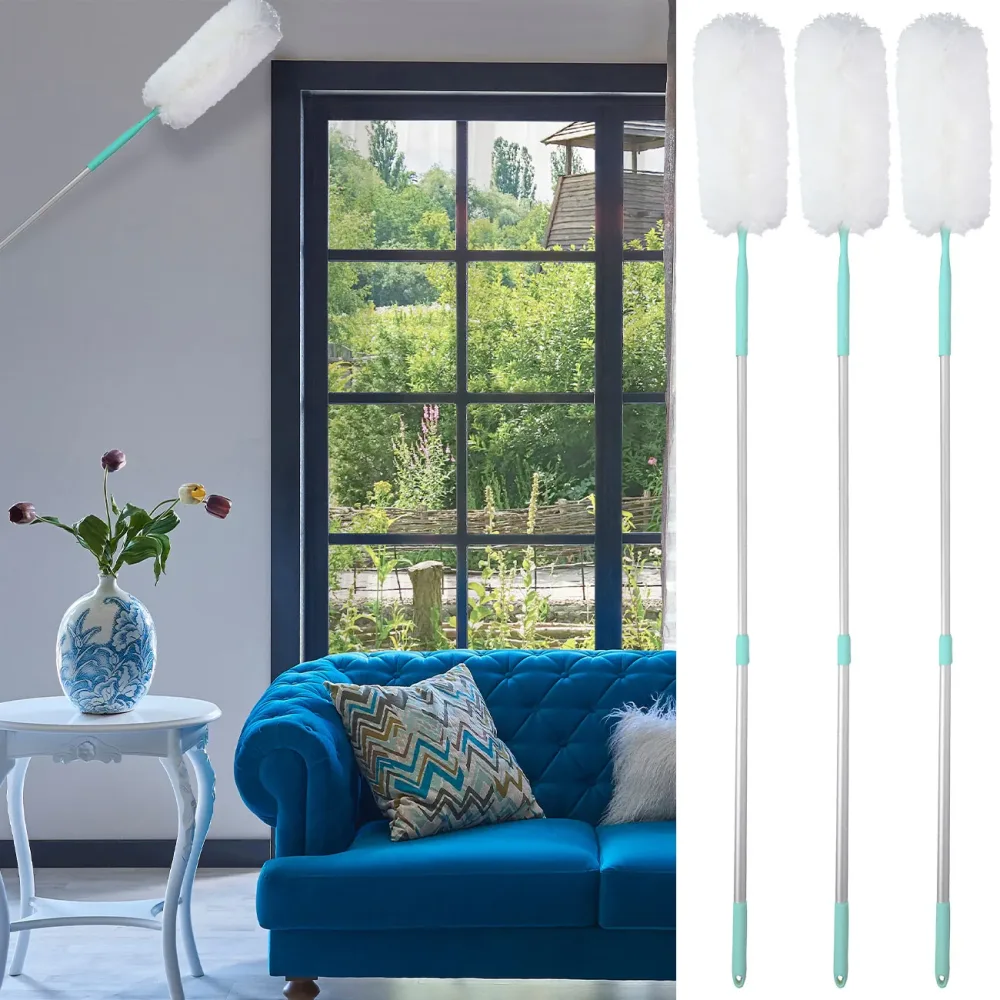 3er-Set Staubwedel mit Teleskop-Griff aus Aluminium, 115 - 10 cm, weiss/blau