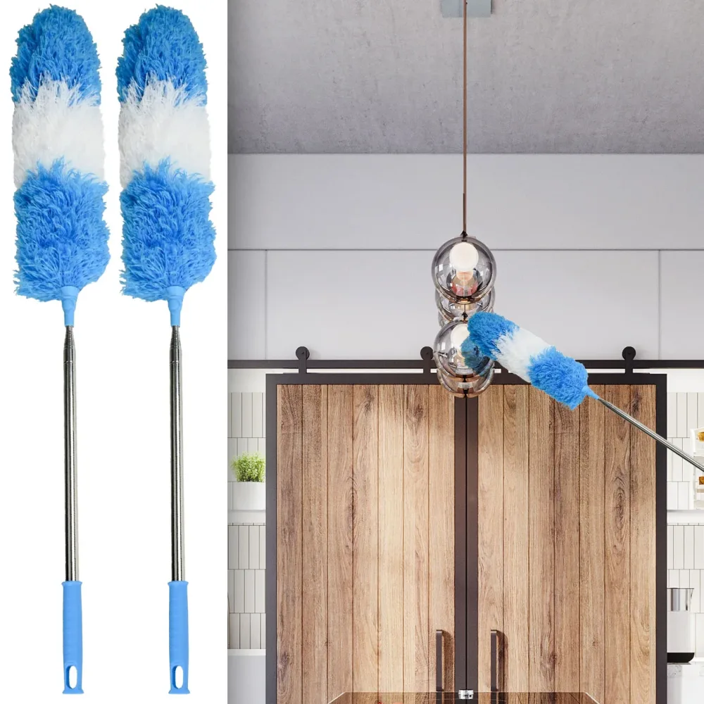 2er-Set Staubwedel mit Teleskop-Griff aus Edelstahl, 78 - 248 cm, blau/weiss