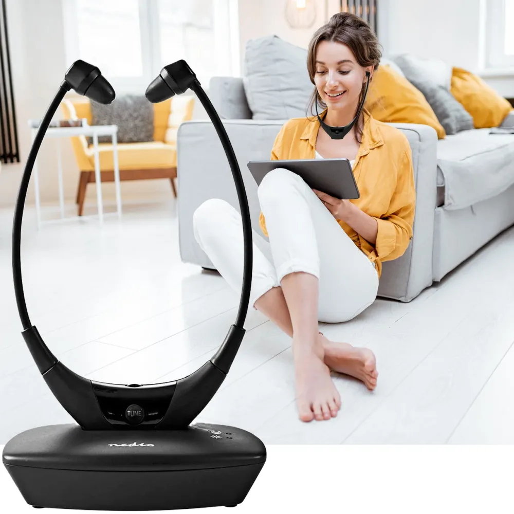 Nedis - Drahtlose TV -Kopfhörer | Rf | In-Ear | Maximale Akkulaufzeit: 4,5 Stunden | 35 m | Digital Audio | Batteriepuppe | Gleichgewichtskontrolle | Schwarz, 17.5MM